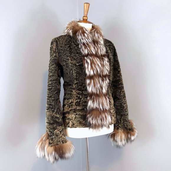 Genuine Karakul Persian Lamb Medium Fox Fur Trim Coat Neiman Marcus $6k - Picture 5 of 14